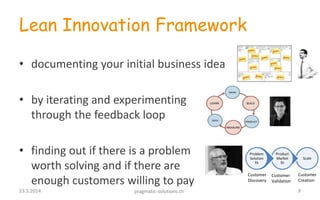 Lean Innovation Framework
• documenting your initial business idea
• by iterating and experimenting
through the feedback loop
• finding out if there is a problem
worth solving and if there are
enough customers willing to pay
Scale
Product
Market
fit
Problem
Solution
fit
Customer
Discovery
Customer
Validation
Customer
Creation
923.5.2014 pragmatic-solutions.ch