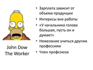 Зарплата зависит от объема продукцииИнтересы вне работы«У начальника голова большая, пусть он и думает»Нежелание учиться другим профессиямЧлен профсоюзаJohn Dow The Worker