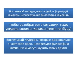 Воспитывай незаурядных людей, и формируй команды, исповедующие философию компаниичтобы разобраться в ситуации, надо увидеть своими глазами (генти генбуцу)Воспитывай лидеров, которые досконально знают свое дело, исповедуют философию компании и могут научить этому других