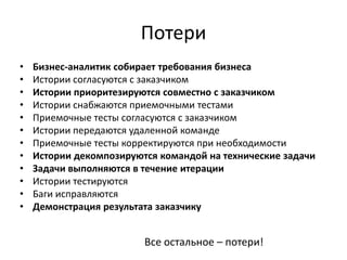 ПотериБизнес-аналитик собирает требования бизнеса Истории согласуются с заказчикомИстории приоритезируются совместно с заказчиком Истории снабжаются приемочными тестамиПриемочные тесты согласуются с заказчикомИстории передаются удаленной командеПриемочные тесты корректируются при необходимостиИстории декомпозируются командой на технические задачиЗадачи выполняются в течение итерацииИстории тестируются Баги исправляютсяДемонстрация результата заказчикуВсе остальное – потери!