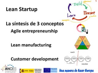 Lean Startup 
La síntesis de 3 conceptos 
Agile entrepreneurship 
Lean manufacturing 
Customer development 
 