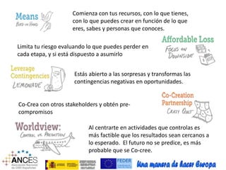 Comienza con tus recursos, con lo que tienes, 
con lo que puedes crear en función de lo que 
eres, sabes y personas que conoces. 
Limita tu riesgo evaluando lo que puedes perder en 
cada etapa, y si está dispuesto a asumirlo 
Estás abierto a las sorpresas y transformas las 
contingencias negativas en oportunidades. 
Co-Crea con otros stakeholders y obtén pre-compromisos 
Al centrarte en actividades que controlas es 
más factible que los resultados sean cercanos a 
lo esperado. El futuro no se predice, es más 
probable que se Co-cree. 
 