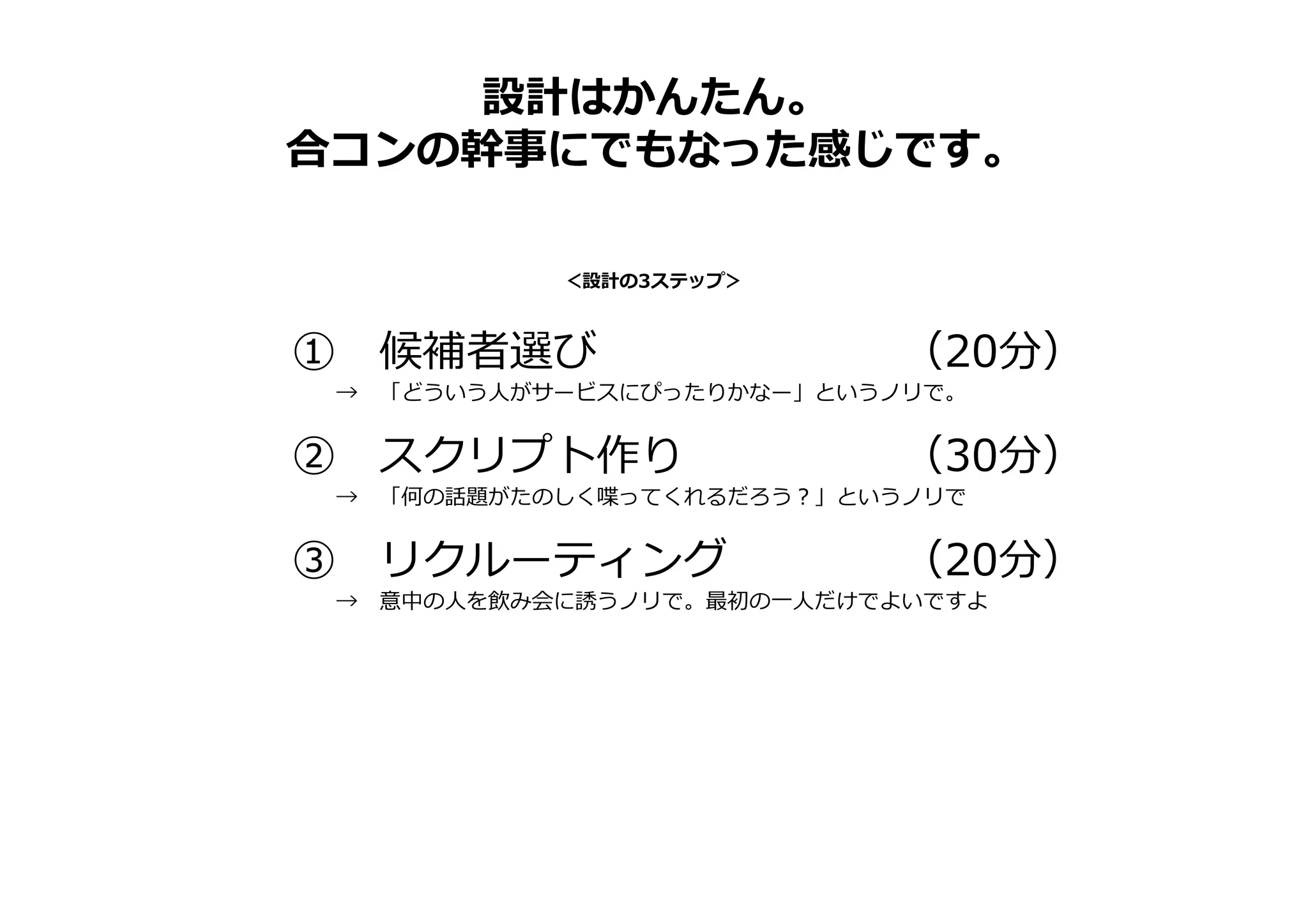 ① 候補者選び （20分）
→ 「どういう人がサービスにぴったりかなー」というノリで。
② スクリプト作り （30分）
→ 「何の話題がたのしく喋ってくれるだろう？」というノリで
③ リクルーティング （20分）
→ 意中の人を飲み会に誘うノリで。最初の一人だけでよいですよ
＜設計の3ステップ＞
設計はかんたん。
合コンの幹事にでもなった感じです。
 