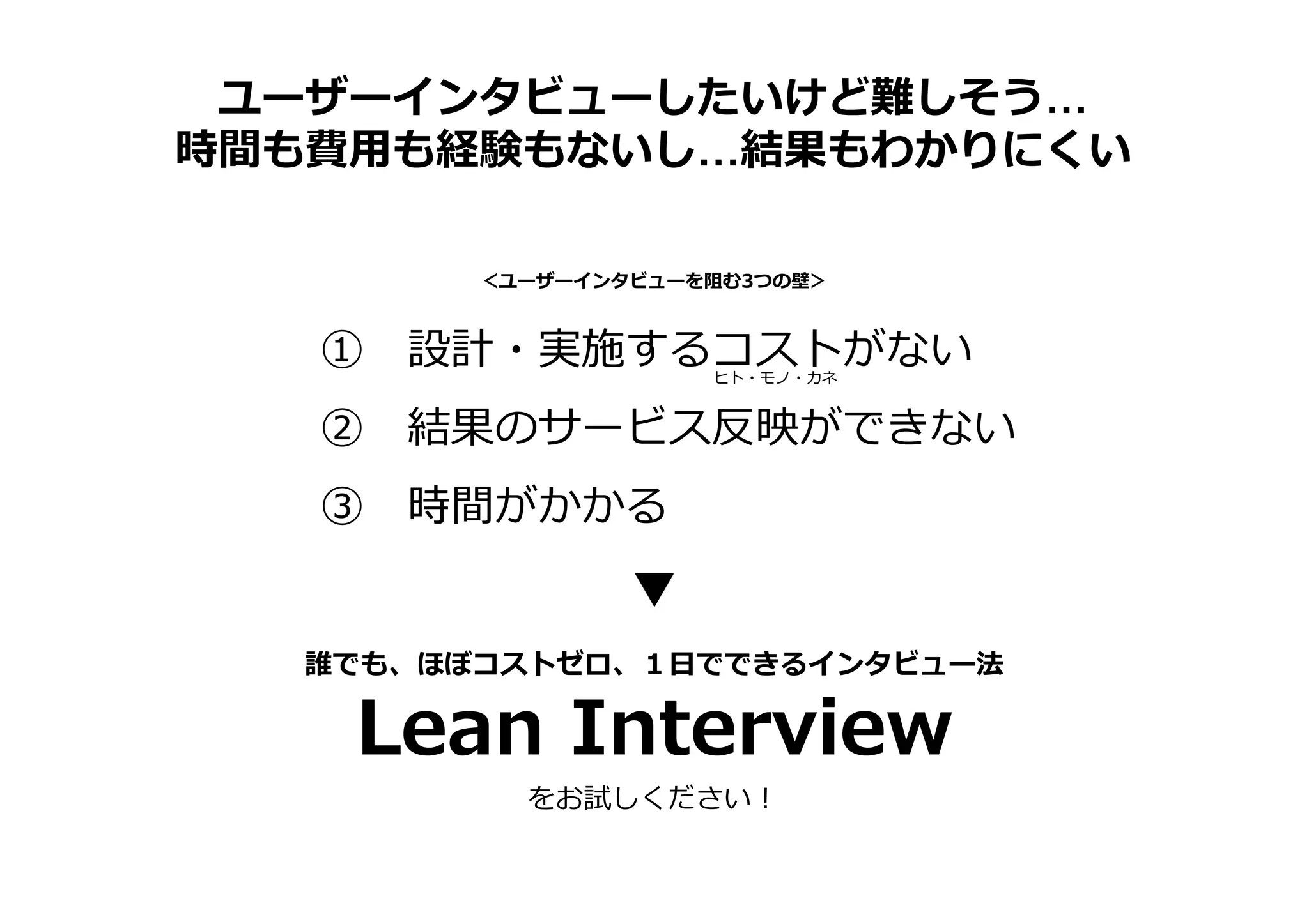 ユーザーインタビューしたいけど難しそう…
時間も費用も経験もないし…結果もわかりにくい
① 設計・実施するコストがない
② 結果のサービス反映ができない
③ 時間がかかる
＜ユーザーインタビューを阻む3つの壁＞
ヒト・モノ・カネ
誰でも、ほぼコストゼロ、１日でできるインタビュー法
Lean Interview
をお試しください！
 