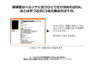 候補者はペルソナに合うひとりだけ決めればOK。
あとは芋づる式に5名も集めれば十分。
そういえば、営業に来る◯◯さん
ちょうどこんな感じのリア充男子
だったような…
街で歩いてる人でもOK。
※ ペルソナに合う社員がたくさんいるとかなら、
最初っから5人集めてもいいですね（企業内起業のメリットですね）
このユーザーの知り合いを辿ります
 
