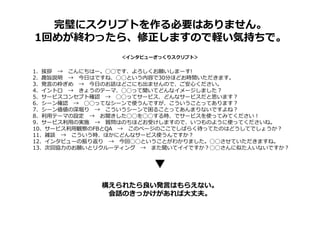 ＜インタビューざっくりスクリプト＞
完璧にスクリプトを作る必要はありません。
1回めが終わったら、修正しますので軽い気持ちで。
1、挨拶 → こんにちはー。◯◯です、よろしくお願いしまーす!
2、趣旨説明 → 今日はですね、◯◯という内容で30分ほどお時間いただきます。
3、発言の枠ぎめ → 今日のお話はどこにも出ませんので、ご安⼼ください。
4、イントロ → きょうのテーマ、◯◯って聞いてどんなイメージしました？
5、サービスコンセプト確認 → ◯◯ってサービス、どんなサービスだと思います？
6、シーン確認 → ◯◯ってなシーンで使うんですが、こういうことってあります？
7、シーン価値の深堀り → こういうシーンで困ることってあんまりないですよね？
8、利⽤テーマの設定 → お聞きした◯◯を◯◯する時、でサービスを使ってみてください！
9、サービス利⽤の実施 → 質問はのちほどお受けしますので、いつものように使ってくださいね。
10、サービス利⽤観察のFBとQA → このページのここでしばらく待ってたのはどうしてでしょうか？
11、雑談 → こういう時、ほかにどんなサービス使うんですか？
12、インタビューの振り返り → 今回◯◯ということがわかりました。◯◯させていただきますね。
13、次回協⼒のお願いとリクルーティング → また聞いてイイですか？◯◯さんに似た人いないですか？
構えられたら良い発⾔はもらえない。
会話のきっかけがあれば大丈夫。
 