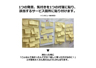 ＜インタビュー後の状況＞
1つの発⾔、気付きを1つの付箋に貼り、
該当するサービス箇所に貼り付けます。
終わった時に
「こんなんで良かったんですか？楽しく喋っただけなのに！」
と付箋をたくさん貰えるようにがんばります。
 