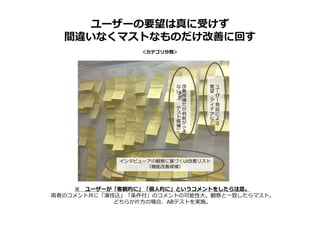 ＜カテゴリ分類＞
ユーザーの要望は真に受けず
間違いなくマストなものだけ改善に回す
ユ
ー
ザ
ー
発
話
に
よ
る
要
望
・
ア
イ
デ
ア
な
ど
インタビューアの観察に基づくUI改善リスト
（機能改善候補）
改
善
候
補
だ
が
判
断
が
で
き
な
い
（
A/B
テ
ス
ト
候
補
）
※ ユーザーが「客観的に」「個人的に」というコメントをしたら注意。
両者のコメント共に「演技込」「条件付」のコメントの可能性大。観察と一致したらマスト。
どちらか片方の場合、ABテストを実施。
 