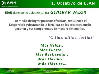 16/11/2015 All Rights Reserved 11
1. Objetivo de LEAN
LEAN tiene como objetivo central GENERAR VALOR
Por medio de lograr procesos efectivos, reduciendo el
Desperdicio y destacando la fortaleza de los procesos que lo
generan y sus componentes de manera sistemática.
Más Veloz…
Más Fuerte…
Más Resistente…
Más Flexible…
Más Elástico…
 