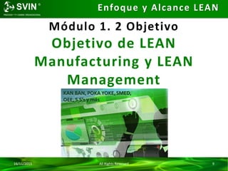 Enfoque y Alcance LEAN
16/11/2015 All Rights Reserved 9
Módulo 1. 2 Objetivo
Objetivo de LEAN
Manufacturing y LEAN
Management
 
