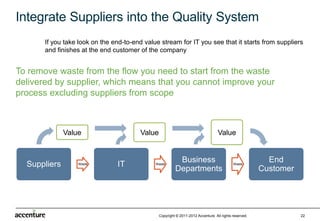 Integrate Suppliers into the Quality System
       If you take look on the end-to-end value stream for IT you see that it starts from suppliers
       and finishes at the end customer of the company


To remove waste from the flow you need to start from the waste
delivered by supplier, which means that you cannot improve your
process excluding suppliers from scope



              Value                      Value                                     Value


                                                           Business                                       End
  Suppliers       Waste         IT            Waste                                         Waste
                                                          Departments                                   Customer




                                                 Copyright © 2011-2012 Accenture All rights reserved.              22
 