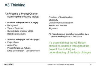 A3 Thinking

A3 Report is a Project Charter
  covering the following topics:              Principles of the A3 system:
                                              Objectivity
•   Problem side (left half of a page):       Distillation and visualization
–   Background                                Results and Process
–   Voice of Customer                         Alignment
–   Current State (metrics, VSM)
–   Root Cause Analysis                       A3 Reports cannot be drafted in isolation by a
                                                person working alone in their room
•   Solution side (right half of a page):
–   Project Team                              It’s essential that the A3 Report
–   Action Plan
                                              should be updated throughout the
–   Project Targets vs. Actuals
                                              project life as long as
–   Effect Confirmation / Value Delivered
                                              understanding of the facts changes



                                            Copyright © 2011-2012 Accenture All rights reserved.   27
 