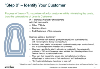 “Step 0” – Identify Your Customer
Purpose of Lean – To maximise value for customer while minimising the
costs, thus the cornerstone of Lean is Customer
                            In IT there is a hierarchy of customers
                            with their own needs
                            – Other IT Units
                            – Business Users
                            – End Customers of the company

                            Example Voice of Customer*:
                            – End customers want a stable quality service provided by the company,
                              with no interruptions during business hours
                            – Business users need a stable system, that would not require a support from IT
                              and all potential problems foreseen and prevented.
                            – Many users want to be able to solve simple incidents by themselves with
                              guidance of FAQ and Knowledge base, and look for a friendly guidance from
                              Service Desk on more complex issues
                            – They want their issues to be solved after first call at clear timeframe,
                              without need to push or spend their own time on technical decisions
                            – “Don’t get me to help you, I want you to help me!”
            *Adapted from Lean IT (Mike Orzen, Steve Bell), Lean Solutions (Jim Womack and Don Jones) and Sense and Response (Stephen Parry)

                                                             Copyright © 2011-2012 Accenture All rights reserved.                      8
 
