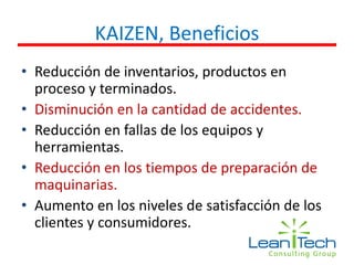 KAIZEN, Beneficios
• Reducción de inventarios, productos en
proceso y terminados.
• Disminución en la cantidad de accidentes.
• Reducción en fallas de los equipos y
herramientas.
• Reducción en los tiempos de preparación de
maquinarias.
• Aumento en los niveles de satisfacción de los
clientes y consumidores.
 
