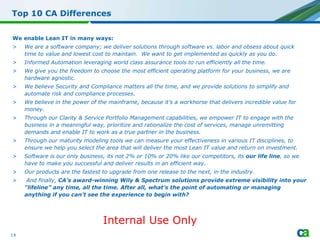 Top 10 CA Differences We enable Lean IT in many ways:  We are a software company; we deliver solutions through software vs. labor and obsess about quick time to value and lowest cost to maintain.  We want to get implemented as quickly as you do.   Informed Automation leveraging world class assurance tools to run efficiently all the time.  We give you the freedom to choose the most efficient operating platform for your business, we are hardware agnostic. We believe Security and Compliance matters all the time, and we provide solutions to simplify and automate risk and compliance processes.  We believe in the power of the mainframe, because it’s a workhorse that delivers incredible value for money.  Through our Clarity & Service Portfolio Management capabilities, we empower IT to engage with the business in a meaningful way, prioritize and rationalize the cost of services, manage unremitting demands and enable IT to work as a true partner in the business. Through our maturity modeling tools we can measure your effectiveness in various IT disciplines, to ensure we help you select the area that will deliver the most Lean IT value and return on investment. Software is our only business, its not 2% or 10% or 20% like our competitors, its  our life line , so we have to make you successful and deliver results in an efficient way. Our products are the fastest to upgrade from one release to the next, in the industry. And finally,  CA’s award-winning Wily & Spectrum solutions provide extreme visibility into your “lifeline” any time, all the time. After all, what’s the point of automating or managing anything if you can’t see the experience to begin with? Internal Use Only 