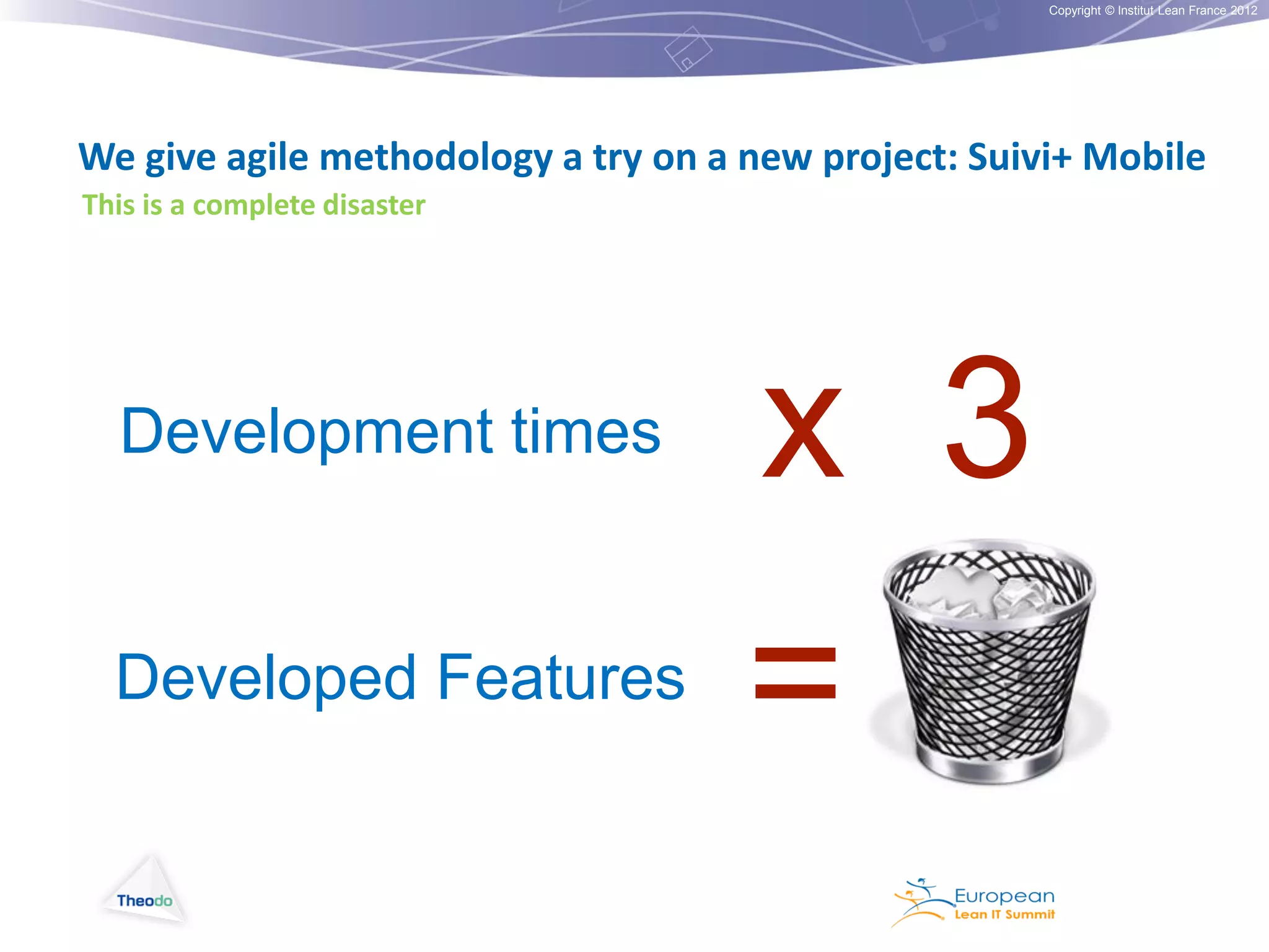 Copyright © Institut Lean France 2012

We give agile methodology a try on a new project: Suivi+ Mobile
This is a complete disaster

Development times

x 3

Developed Features

=

 