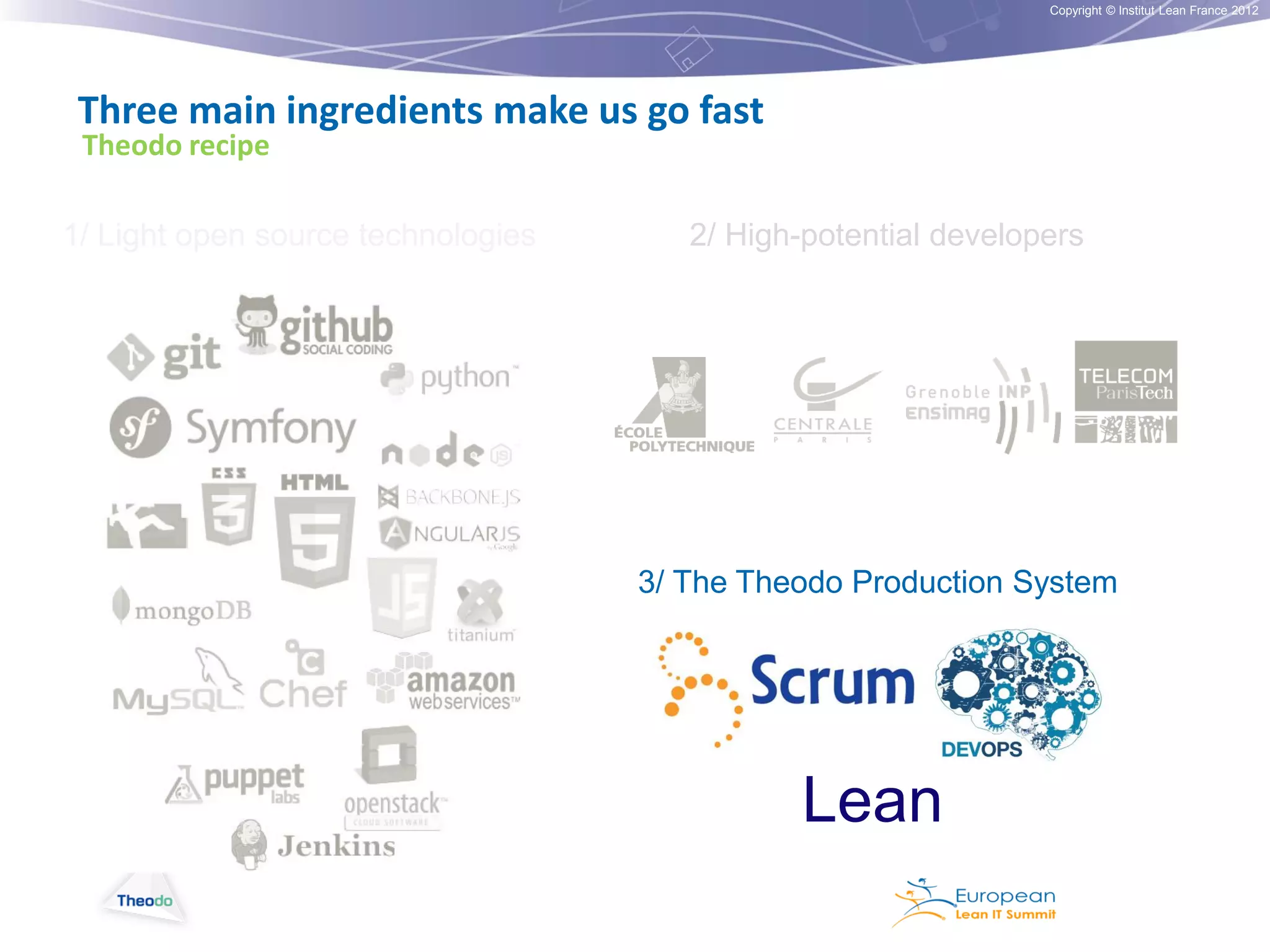 Copyright © Institut Lean France 2012

Three main ingredients make us go fast
Theodo recipe

1/ Light open source technologies

2/ High-potential developers

3/ The Theodo Production System

Lean

 