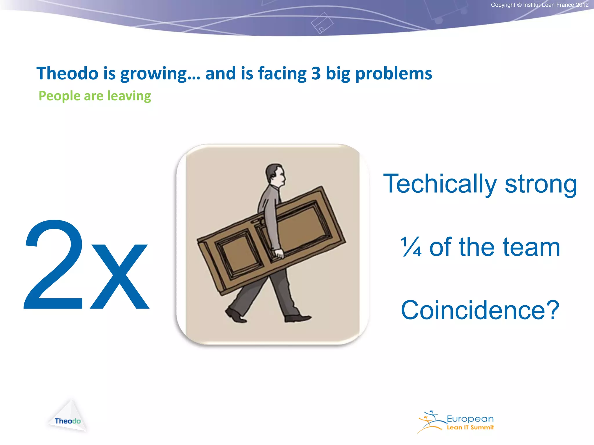 Copyright © Institut Lean France 2012

Theodo is growing… and is facing 3 big problems
People are leaving

Techically strong

2x

¼ of the team
Coincidence?

 