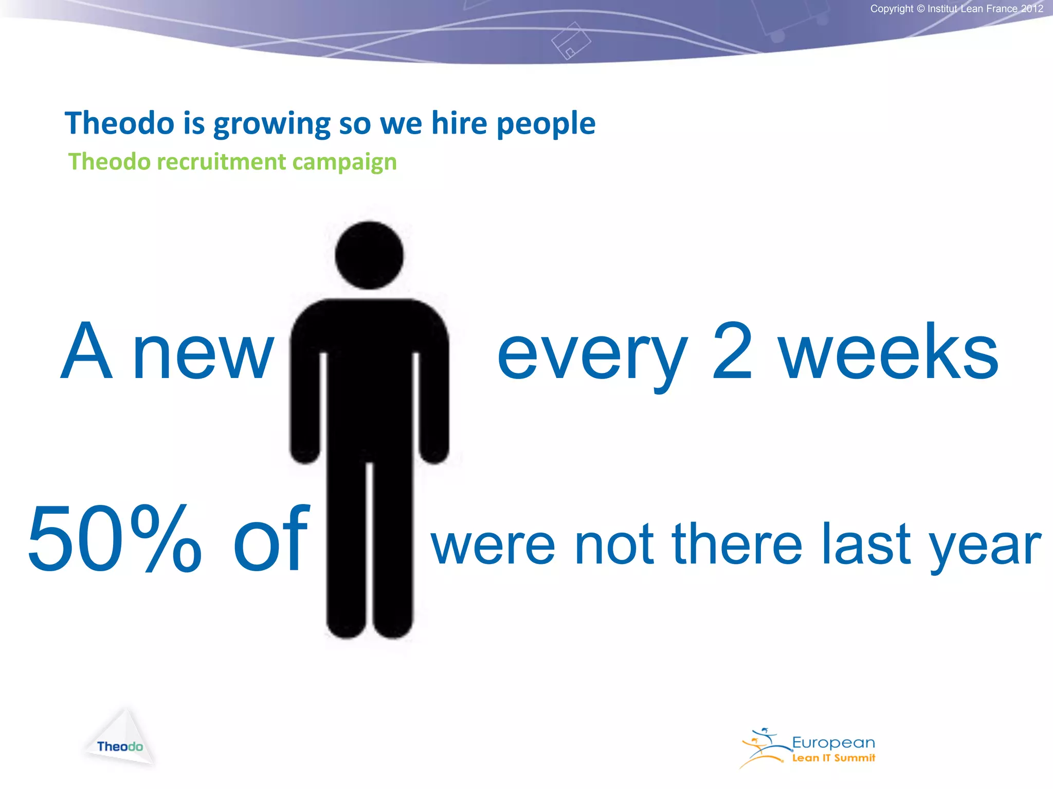 Copyright © Institut Lean France 2012

Theodo is growing so we hire people
Theodo recruitment campaign

A new

every 2 weeks

50% of

were not there last year

 