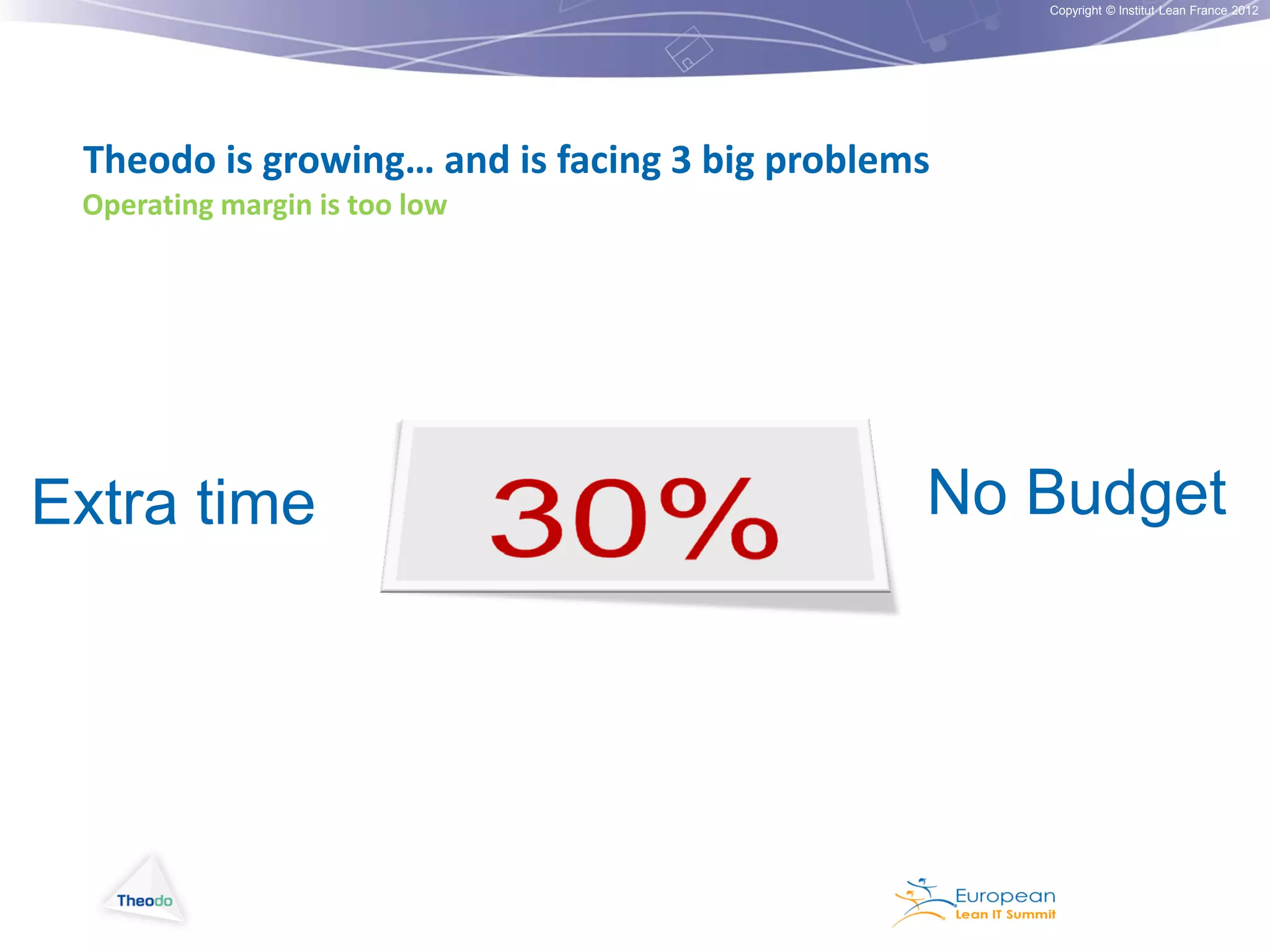 Copyright © Institut Lean France 2012

Theodo is growing… and is facing 3 big problems
Operating margin is too low

Extra time

No Budget

 