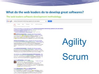 Copyright © Institut Lean France 2012

What do the web leaders do to develop great softwares?
The web leaders software development methodology

Agility

Scrum

 