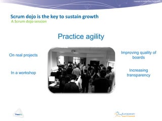 Copyright © Institut Lean France 2012

Scrum dojo is the key to sustain growth
A Scrum dojo session

Practice agility
On real projects

Improving quality of
boards

In a workshop

Increasing
transparency

 