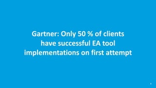 Gartner: Only 50 % of clients
have successful EA tool
implementations on first attempt
4
 