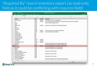 “Required By” now in inventory export (as read-only
field as it could be conflicting with requires field)
11
 