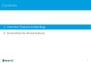 Contents
2
1 - Overview: Features & fixed Bugs
2 - Screenshots for all new features
 