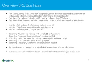 Overview 3/3: Bug Fixes
5
• Fact Sheet: Cloning a Fact Sheet now also properly clones the linked document (esp. relevant for
Technopedia, otherwise two Fact Sheets link to the same Technopedia entry)
• Fact Sheet: Extend length of externalID (can now be longer than 255 chars)
• Fact Sheet: Fixed unable to add interface provider in case an existing provider has been deleted
• Inventory: Full text search where exact match is required
• Inventory: Tag Groups should always be sorted properly
• Inventory: Enable upload of large Excel files
• Reporting: Visualizer not working with some IE11 configurations
• Reporting: Fixes exporting or printing of reports with IE11
• Reporting: Images not shown in roadmap export png/pdf (drilldown, stop)
• Reporting: EOL icon not shown in Roadmap export
• Reporting: Fixes empty data flow if one app has been deleted
• Signavio: Integration now properly syncs links to Applications when sync Processes
• Authentication: Confirmation invitation if external IDP with LeanIX managed roles is used
 