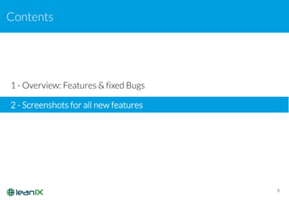 Contents
6
1 - Overview: Features & fixed Bugs
2 - Screenshots for all new features
 