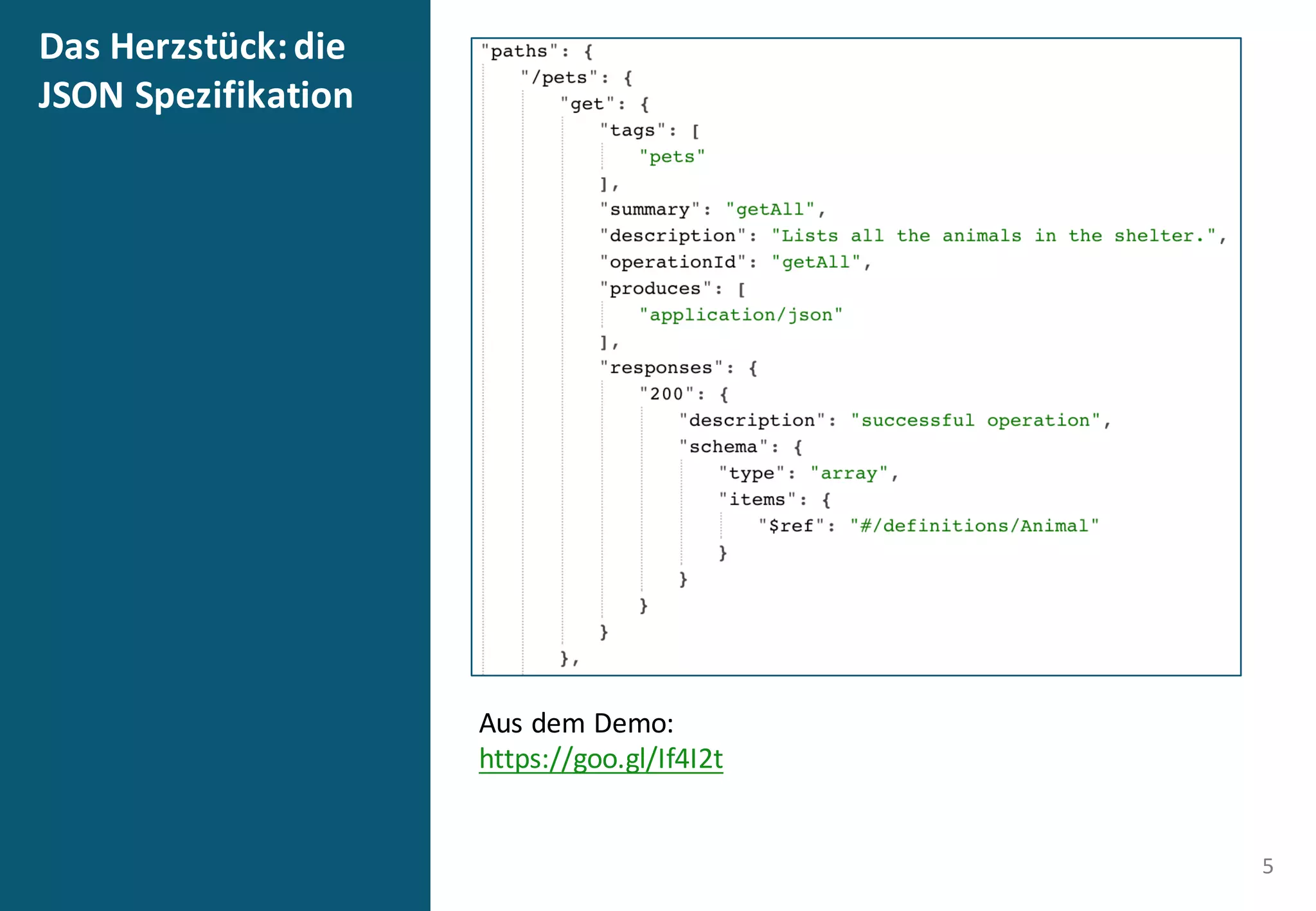 Das	
  Herzstück:	
  die	
  
JSON	
  Spezifikation
5
Aus	
  dem	
  Demo:
https://goo.gl/If4I2t
 