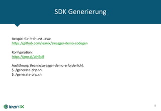 SDK	
  Generierung
8
Beispiel	
  für	
  PHP	
  und	
  Java:
https://github.com/leanix/swagger-­‐demo-­‐codegen
Konfiguration:
https://goo.gl/plH6pB
Ausführung	
   (leanix/swagger-­‐demo	
  erforderlich):
$	
  ./generate-­‐php.sh
$	
  ./generate-­‐php.sh
 