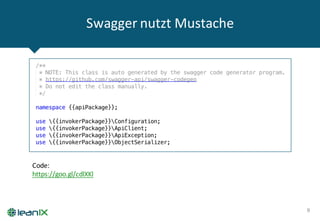 Swagger nutzt	
  Mustache
9
Code:
https://goo.gl/cdlXKl
 