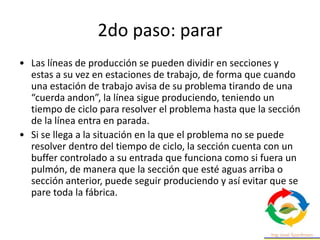 2do paso: parar
• Las líneas de producción se pueden dividir en secciones y
estas a su vez en estaciones de trabajo, de forma que cuando
una estación de trabajo avisa de su problema tirando de una
“cuerda andon”, la línea sigue produciendo, teniendo un
tiempo de ciclo para resolver el problema hasta que la sección
de la línea entra en parada.
• Si se llega a la situación en la que el problema no se puede
resolver dentro del tiempo de ciclo, la sección cuenta con un
buffer controlado a su entrada que funciona como si fuera un
pulmón, de manera que la sección que esté aguas arriba o
sección anterior, puede seguir produciendo y así evitar que se
pare toda la fábrica.
 