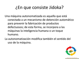 ¿En que consiste Jidoka?
Una máquina autonomatizada es aquella que está
conectada a un mecanismo de detención automático
p...