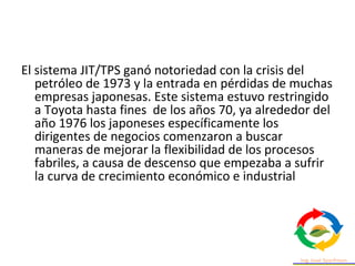 El sistema JIT/TPS ganó notoriedad con la crisis del
petróleo de 1973 y la entrada en pérdidas de muchas
empresas japonesas. Este sistema estuvo restringido
a Toyota hasta fines de los años 70, ya alrededor del
año 1976 los japoneses específicamente los
dirigentes de negocios comenzaron a buscar
maneras de mejorar la flexibilidad de los procesos
fabriles, a causa de descenso que empezaba a sufrir
la curva de crecimiento económico e industrial
 