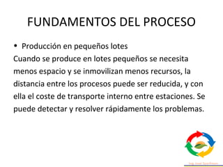 FUNDAMENTOS DEL PROCESO
• Producción en pequeños lotes
Cuando se produce en lotes pequeños se necesita
menos espacio y se inmovilizan menos recursos, la
distancia entre los procesos puede ser reducida, y con
ella el coste de transporte interno entre estaciones. Se
puede detectar y resolver rápidamente los problemas.
 