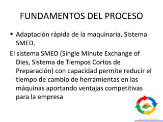 FUNDAMENTOS DEL PROCESO
• Adaptación rápida de la maquinaria. Sistema
SMED.
El sistema SMED (Single Minute Exchange of
Dies, Sistema de Tiempos Cortos de
Preparación) con capacidad permite reducir el
tiempo de cambio de herramientas en las
máquinas aportando ventajas competitivas
para la empresa
 
