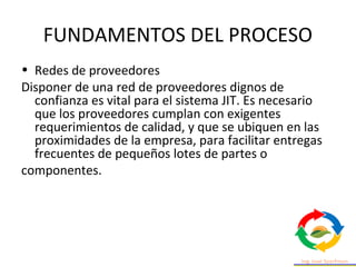 FUNDAMENTOS DEL PROCESO
• Redes de proveedores
Disponer de una red de proveedores dignos de
confianza es vital para el sistema JIT. Es necesario
que los proveedores cumplan con exigentes
requerimientos de calidad, y que se ubiquen en las
proximidades de la empresa, para facilitar entregas
frecuentes de pequeños lotes de partes o
componentes.
 