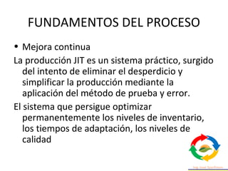 FUNDAMENTOS DEL PROCESO
• Mejora continua
La producción JIT es un sistema práctico, surgido
del intento de eliminar el desperdicio y
simplificar la producción mediante la
aplicación del método de prueba y error.
El sistema que persigue optimizar
permanentemente los niveles de inventario,
los tiempos de adaptación, los niveles de
calidad
 