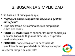 3. BUSCAR LA SIMPLICIDAD
• Se basa en el principio de que
• “enfoques simples conducirán hacia una gestión
más eficaz”.
• El primer tramo del camino hacia la simplicidad
cubre dos zonas:
• FLUJO DE MATERIAL: es eliminar las rutas complejas
y buscar líneas de flujo más directas, si es posible
unidireccionales.
• CONTROL: pone énfasis en la necesidad de
simplificar la complejidad de la fábrica y adoptar
un sistema simple de controles
 
