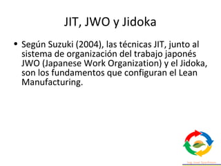JIT, JWO y Jidoka
• Según Suzuki (2004), las técnicas JIT, junto al
sistema de organización del trabajo japonés
JWO (Japanese Work Organization) y el Jidoka,
son los fundamentos que configuran el Lean
Manufacturing.
 