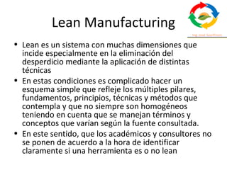 Lean Manufacturing
• Lean es un sistema con muchas dimensiones que
incide especialmente en la eliminación del
desperdicio mediante la aplicación de distintas
técnicas
• En estas condiciones es complicado hacer un
esquema simple que refleje los múltiples pilares,
fundamentos, principios, técnicas y métodos que
contempla y que no siempre son homogéneos
teniendo en cuenta que se manejan términos y
conceptos que varían según la fuente consultada.
• En este sentido, que los académicos y consultores no
se ponen de acuerdo a la hora de identificar
claramente si una herramienta es o no lean
 