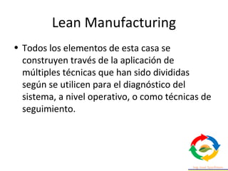 Lean Manufacturing
• Todos los elementos de esta casa se
construyen través de la aplicación de
múltiples técnicas que han sido divididas
según se utilicen para el diagnóstico del
sistema, a nivel operativo, o como técnicas de
seguimiento.
 