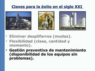 Claves para la éxito en el siglo XXI  Eliminar despilfarros (mudas). Flexibilidad (clase, cantidad y momento). Gestión preventiva de mantenimiento (disponibilidad de los equipos sin problemas). 