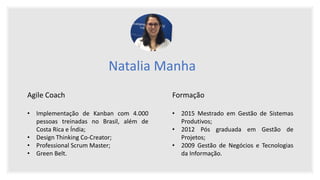 Natalia Manha
Formação
• 2015 Mestrado em Gestão de Sistemas
Produtivos;
• 2012 Pós graduada em Gestão de
Projetos;
• 2009 Gestão de Negócios e Tecnologias
da Informação.
Agile Coach
• Implementação de Kanban com 4.000
pessoas treinadas no Brasil, além de
Costa Rica e Índia;
• Design Thinking Co-Creator;
• Professional Scrum Master;
• Green Belt.
 
