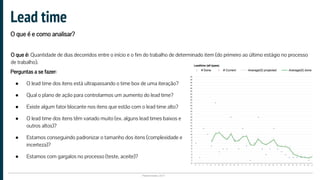 Plataformatec 2017
Lead time
O que é e como analisar?
O que é: Quantidade de dias decorridos entre o início e o fim do trabalho de determinado item (do primeiro ao último estágio no processo
de trabalho).
Perguntas a se fazer:
● O lead time dos itens está ultrapassando o time box de uma iteração?
● Qual o plano de ação para controlarmos um aumento do lead time?
● Existe algum fator blocante nos itens que estão com o lead time alto?
● O lead time dos itens têm variado muito (ex. alguns lead times baixos e
outros altos)?
● Estamos conseguindo padronizar o tamanho dos itens (complexidade e
incerteza)?
● Estamos com gargalos no processo (teste, aceite)?
 