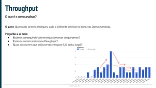 Plataformatec 2017
Throughput
O que é e como analisar?
O que é: Quantidade de itens entregues, dado o critério de definition of done, nas últimas semanas.
Perguntas a se fazer:
● Estamos conseguindo fazer entregas semanais ou quinzenais?
● Estamos aumentando nosso throughput?
● Quais são os itens que estão sendo entregues (US, tasks, bugs)?
 