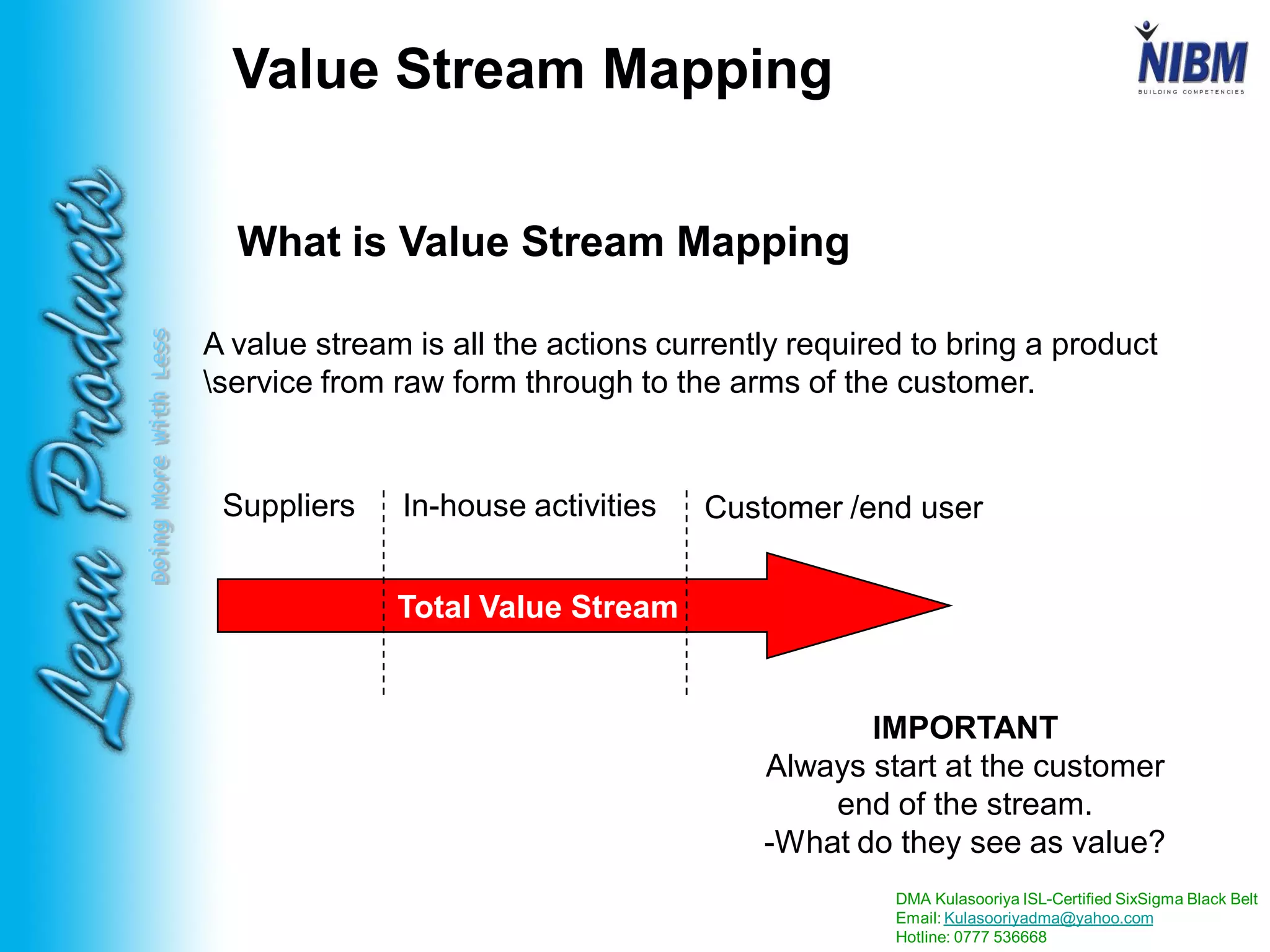 DMA Kulasooriya ISL-Certified SixSigma Black Belt
Email: Kulasooriyadma@yahoo.com
Hotline: 0777 536668
DoingMoreWithLess
What is Value Stream Mapping
A value stream is all the actions currently required to bring a product
service from raw form through to the arms of the customer.
Total Value Stream
Suppliers In-house activities Customer /end user
IMPORTANT
Always start at the customer
end of the stream.
-What do they see as value?
Value Stream Mapping
 